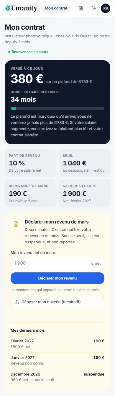 Une fois en poste : l’apprenant voit ce qu’il a déjà versé, ce qui lui reste, sa part de revenu, son seuil, sa redevance du mois et ses derniers mois déclarés.