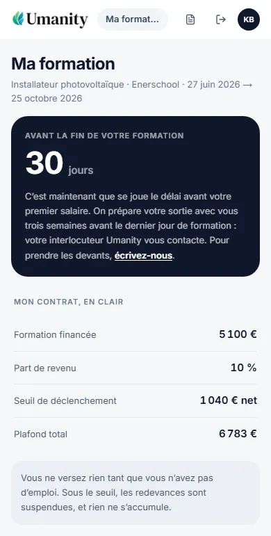 Pendant la formation : l’apprenant voit le temps qu’il reste avant la fin de son parcours, et les termes de son contrat de partage de revenu.