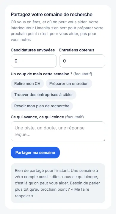 En recherche d’emploi : l’apprenant partage sa semaine, ses candidatures, ses entretiens, et le coup de main qu’il demande à son interlocuteur.